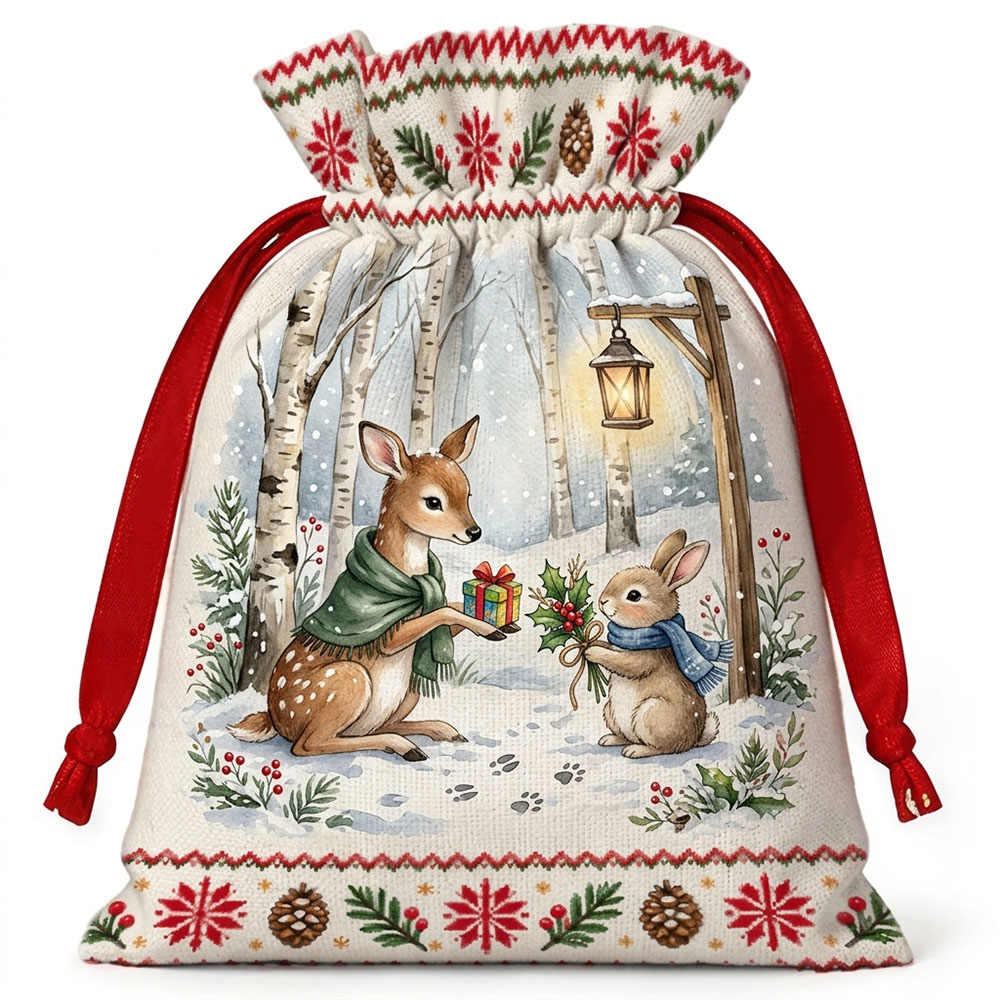 Winter Animal Gift Bag With Deer And Bunny Christmas Treat Sack For Kids Holiday Joy