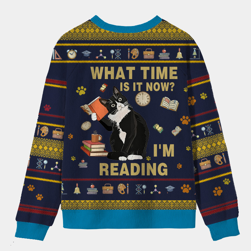 Personalized Book Loving Cat Reading Time Ugly Sweater Holiday Gift for Book Lovers