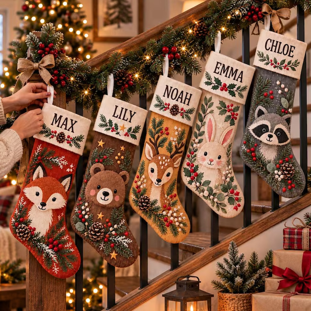 Personalized Christmas Stockings With Custom Name Woodland Animal Face