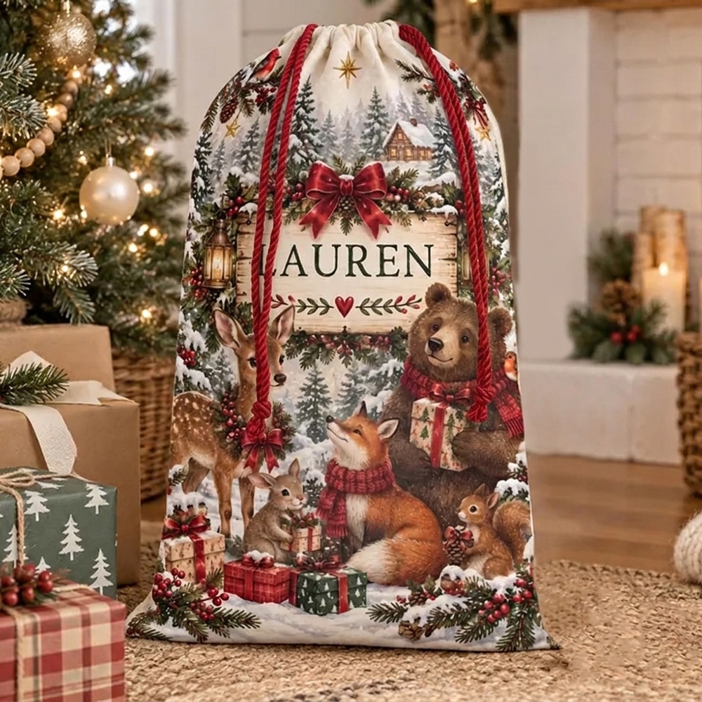 Personalized Christmas Santa Sack With Name Woodland Animals Winter Forest Holiday Gift Bag for Kids