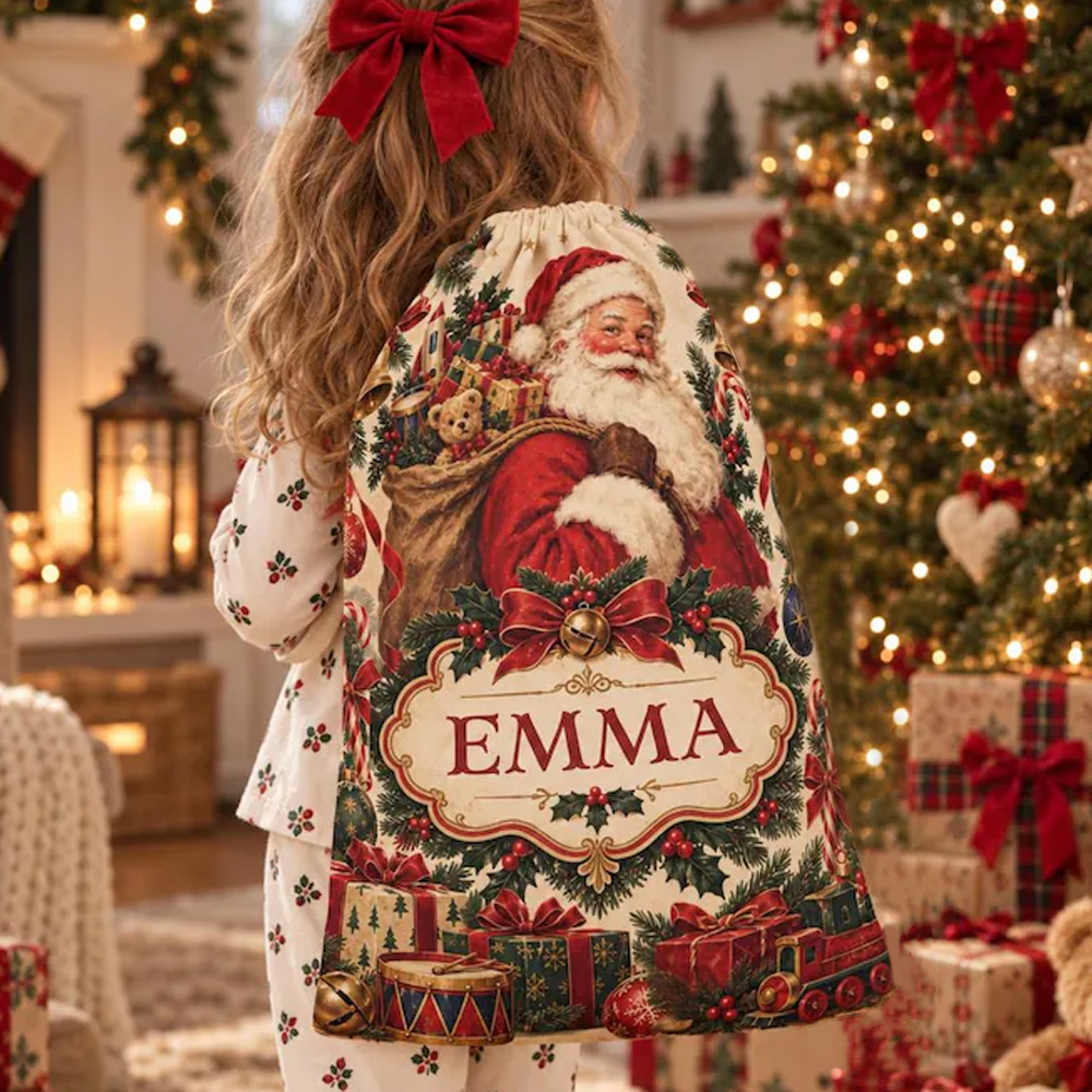 Personalized Christmas Santa Sack With Custom Name Vintage Santa Claus Portrait Holiday Gift Bag Kids