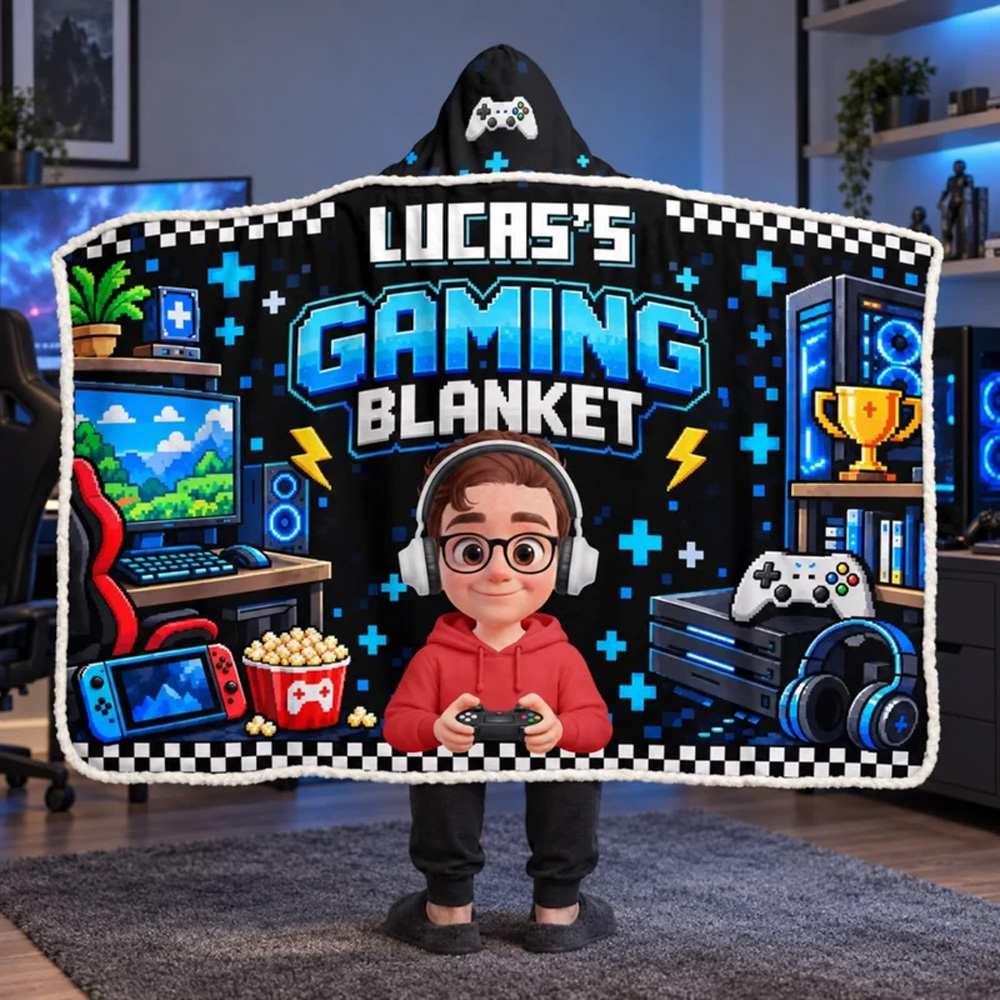 Personalized Wearable Blanket Hoodie Gaming Blanket Custom Name and Ph