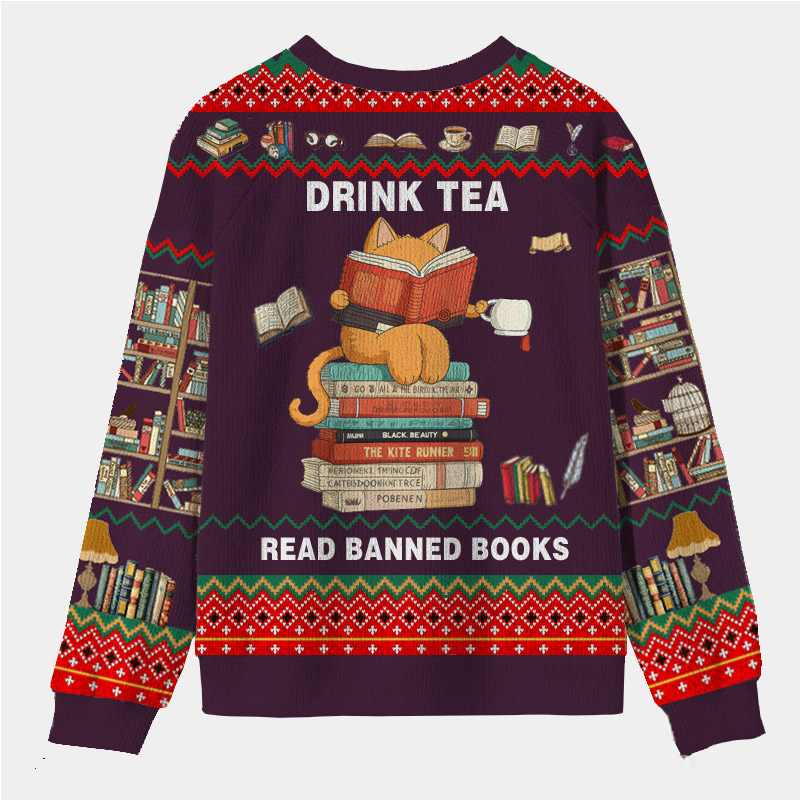 Personalized Rebel Reader Tea Time Ugly Sweater Holiday Gift for Book Lovers