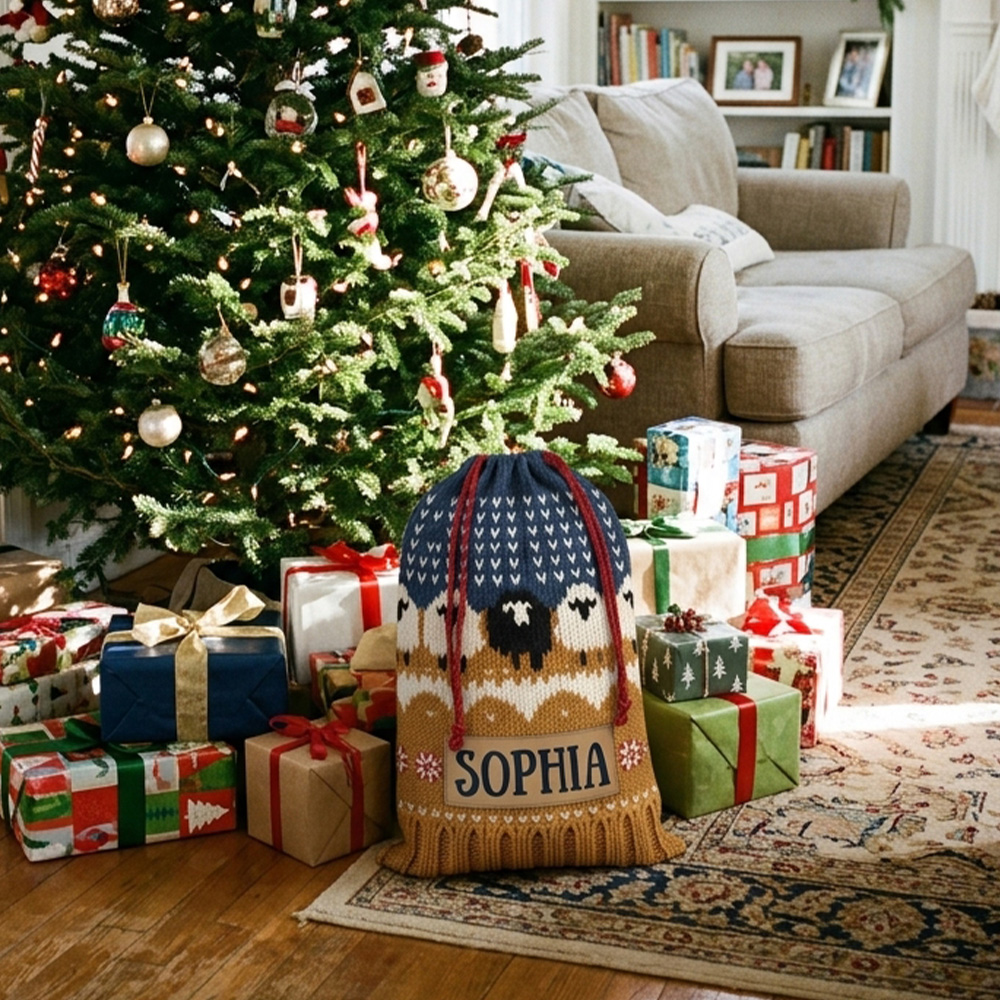 Personalized Flat printing Knitted Christmas Santa Sack With Custom Name Sheep Fair Isle Holiday Gift Bag for Kids