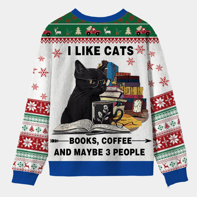 Personalized Reading Cat Relax Vibes Ugly Sweater Festive Gift for Bookworms