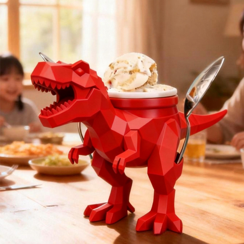 Dinosaur Theme Custom Name Cool Green T Rex Ice Cream Holder 3D Printed Cozy with Spoon Slot