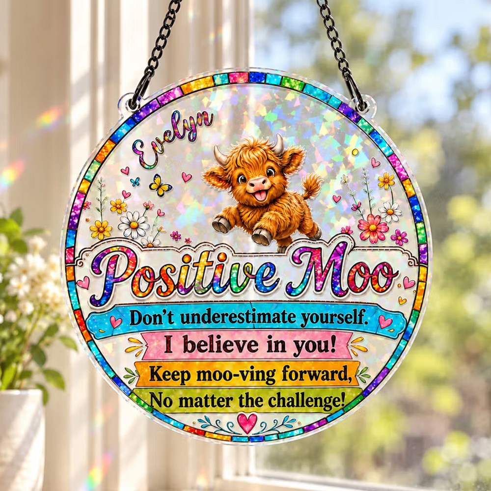 Personalized Colorful Highland Cow Positive Moo Floral Butterfly Sun Catcher with Name Birthday Housewarming Encouragement Gift for Women Friends