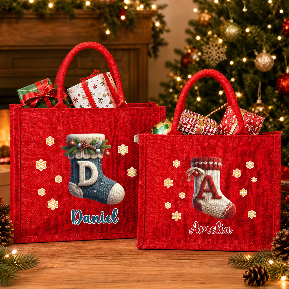 Personalized Christmas Theme Stocking Initial Large Capacity Red Jute