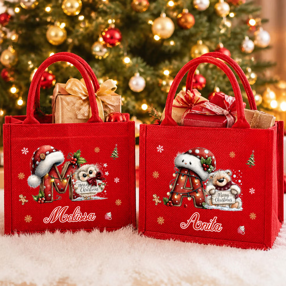 Personalized Cute Christmas Animal Santa Hat Reusable Red Linen Tote Gift Bag with Initial and Name Christmas Party Gift for Family Kids