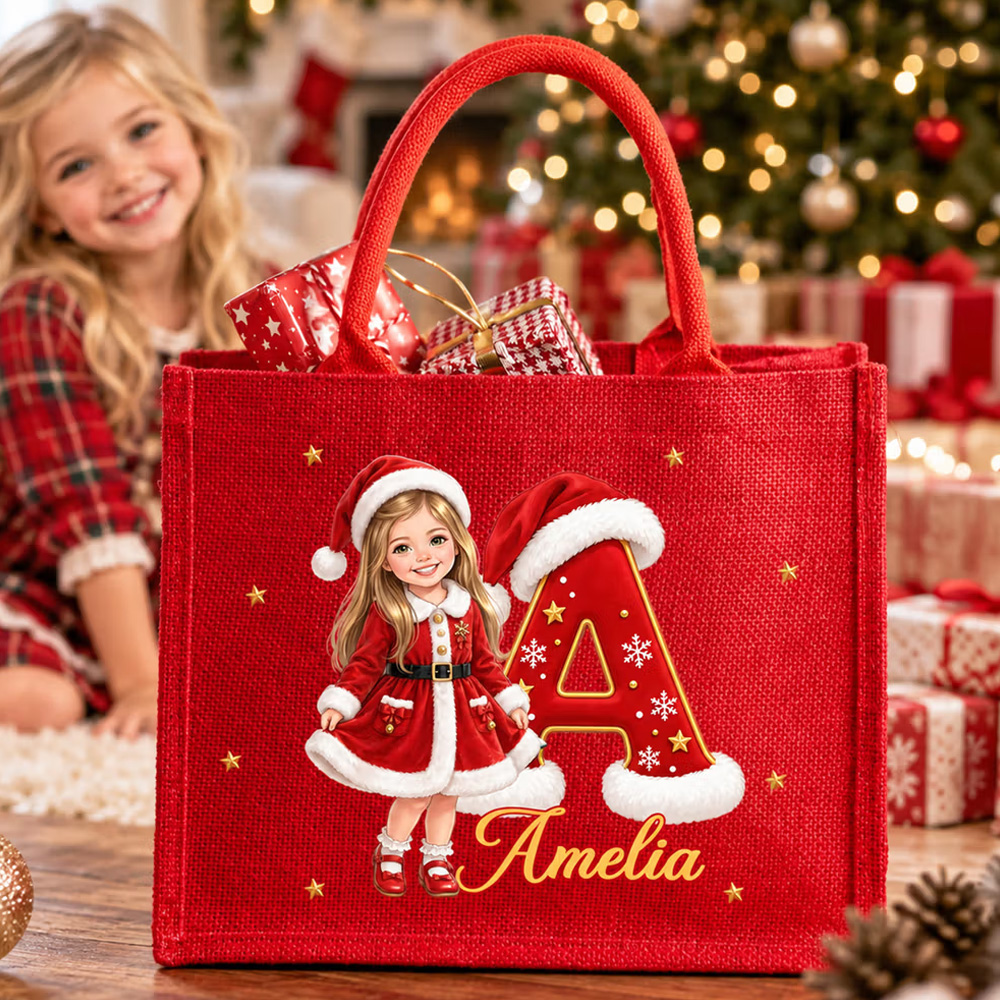 Personalized Cartoon Christmas Style 3D Character Photo Burlap Tote Bags with Name Christmas Eve Gift for Kids Girls Boys