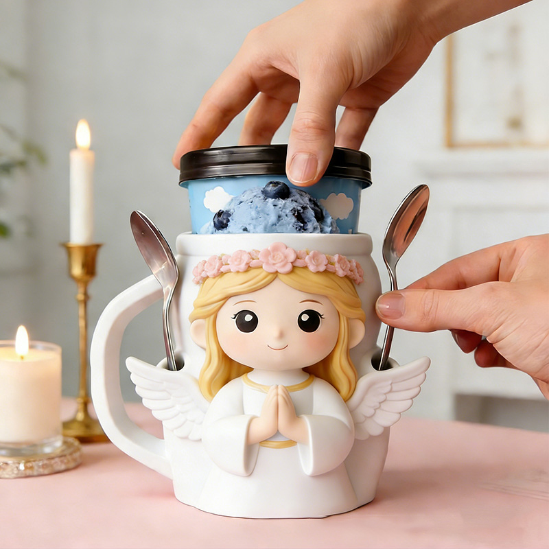 Personalized Pray Angel Cream Cozy Pint Holder 3D Printed with Spoon Slots & 2 Scoops for Ice Cream Lover Religious Gift for Dessert Lover