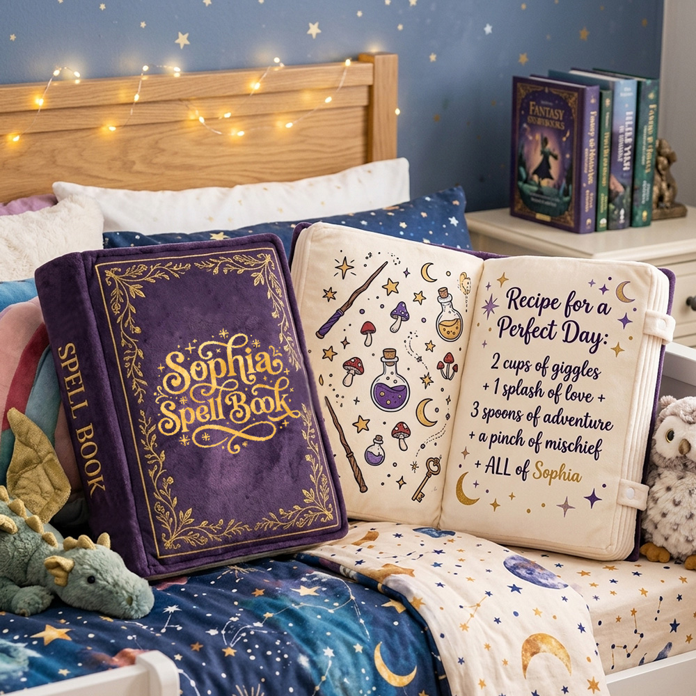 Personalized Spell Book-Shaped Throw Pillow With Custom Name Magic Recipe Openable Plush Book Gift for Kids Girls and Boys
