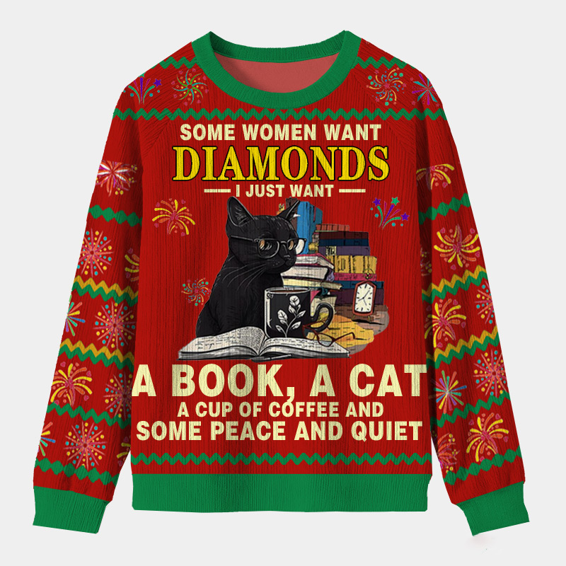 Personalized Bookish Cat Coffee Cozy Scene Ugly Sweater Holiday Gift for Book Lovers