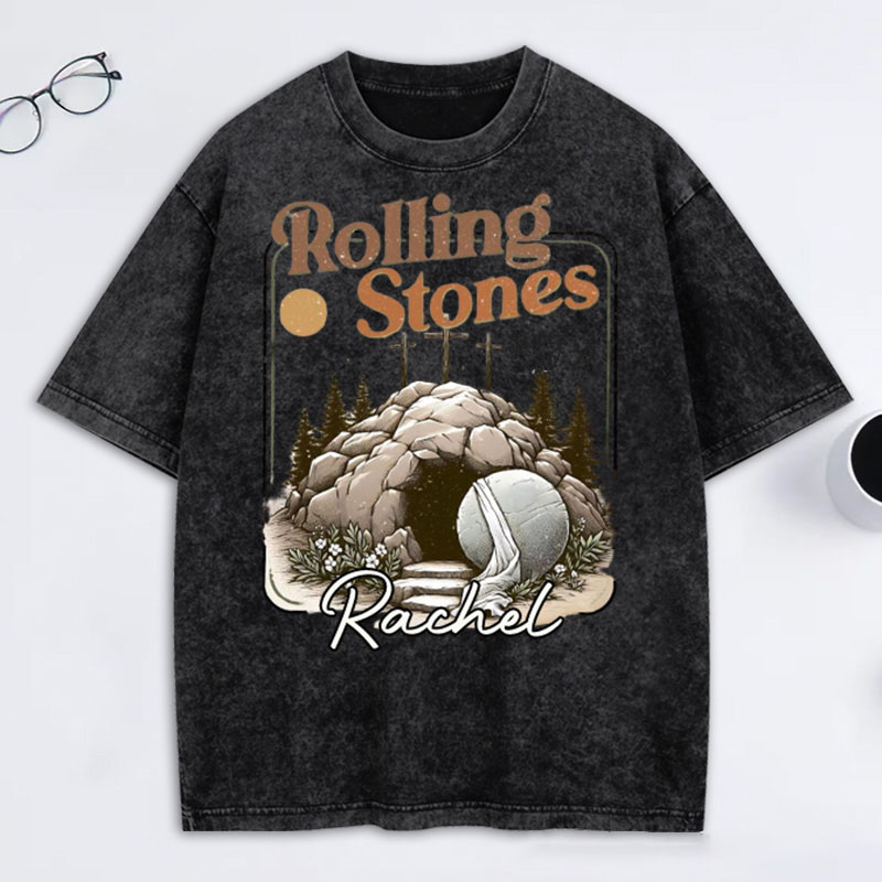 Personalized Rolling Stones Washed T-Shirt with Custom Name Christian Shirt Religious Christian Gift Easter Gift for Christians