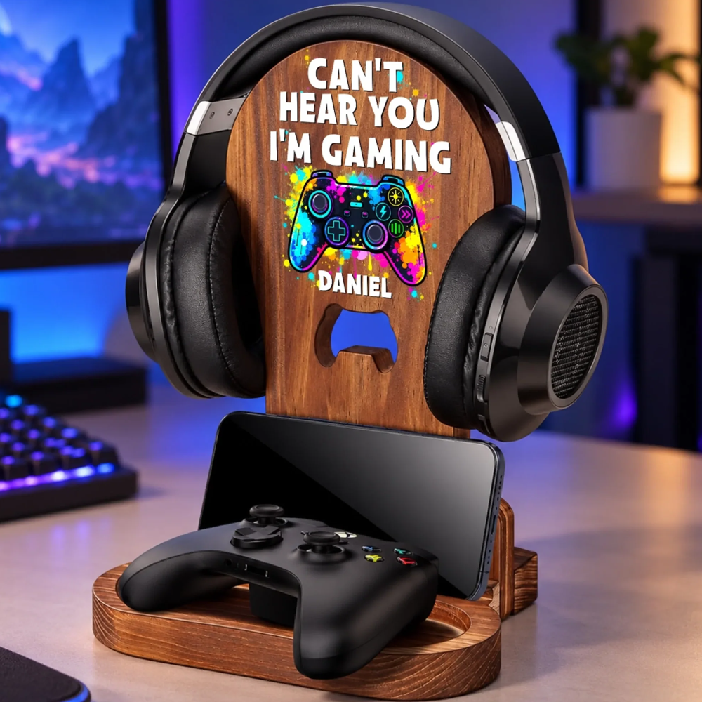 Personalized Wooden Headset Stand Custom Name Gaming Gifts for Gamers