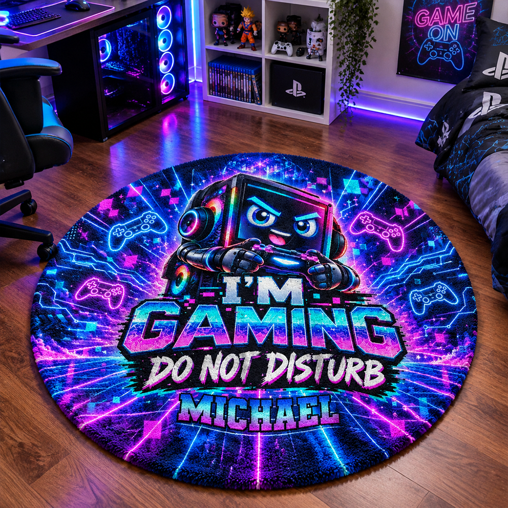 Personalized Gaming Round Rug Custom Name Gamer Room Decor Soft Carpet Gift For Boys Teens Kids Game Lovers Home