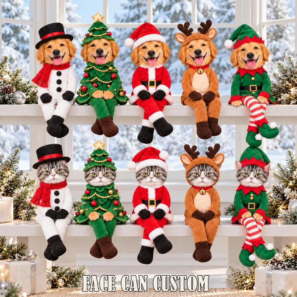 Personalized Pet Face Poseable Plush Doll Custom Dog Cat Photo Christmas Gift Funny Gag Gifts Christmas Gift for Family Elf Santa Snowman