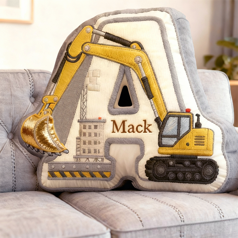 Personalized Excavator Theme Initial Name Graphic 3D Print Pillow Christmas Gift for Kids