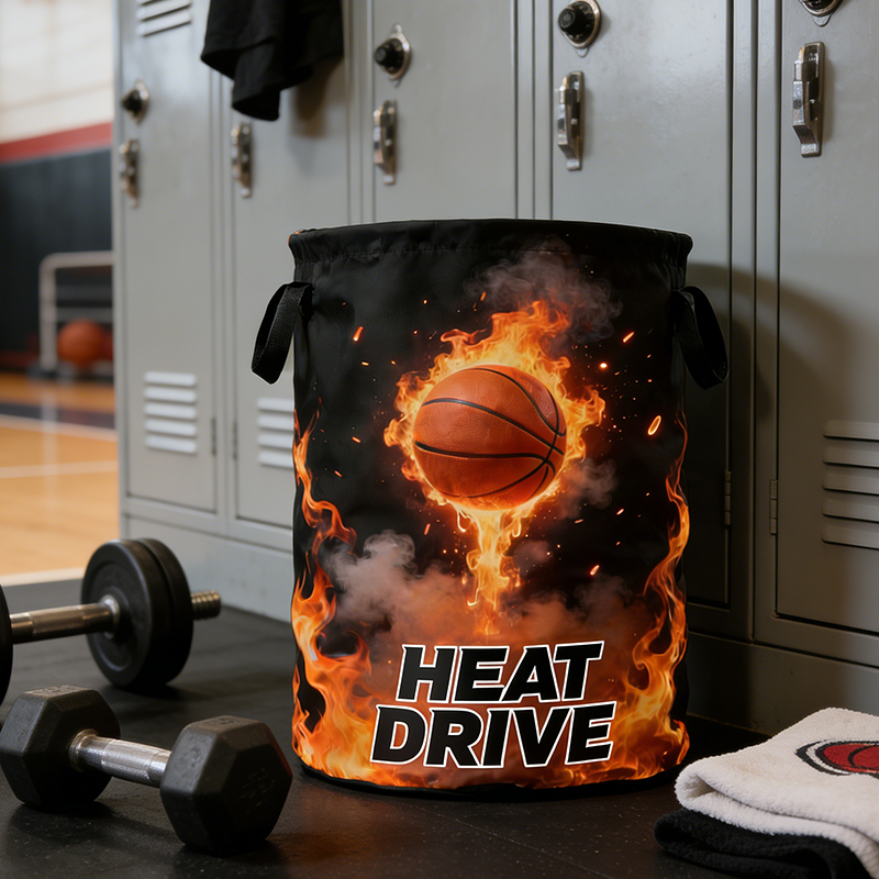 Personalized Flaming Basketball Storage Basket with Custom Text for Basketball Fans