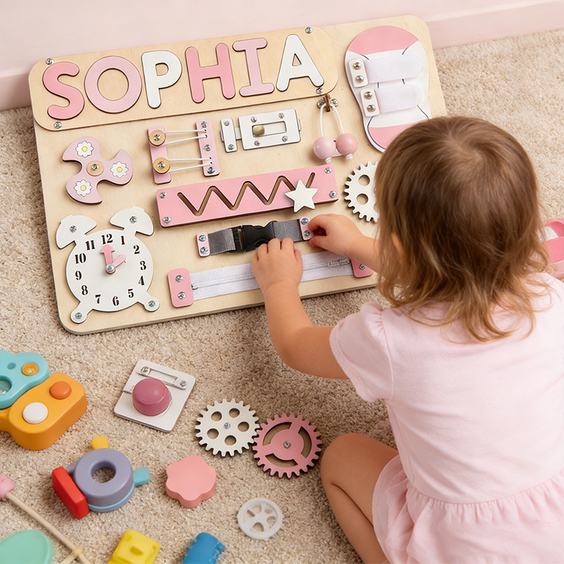 Personalized Montessori Busy Board Wooden Sensory Activity Toy for Toddlers Customizable Name 10+ Interactive Features Develops Fine Motor Skills