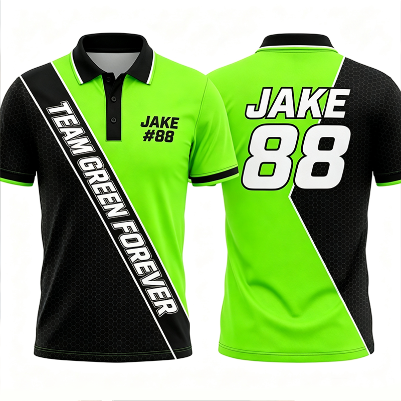 Personalized Neon Green Black Honeycomb Split Racing Polo Shirt Custom Name Number Slogan Double Sided Motorsport Team Pit Crew Performance Polo