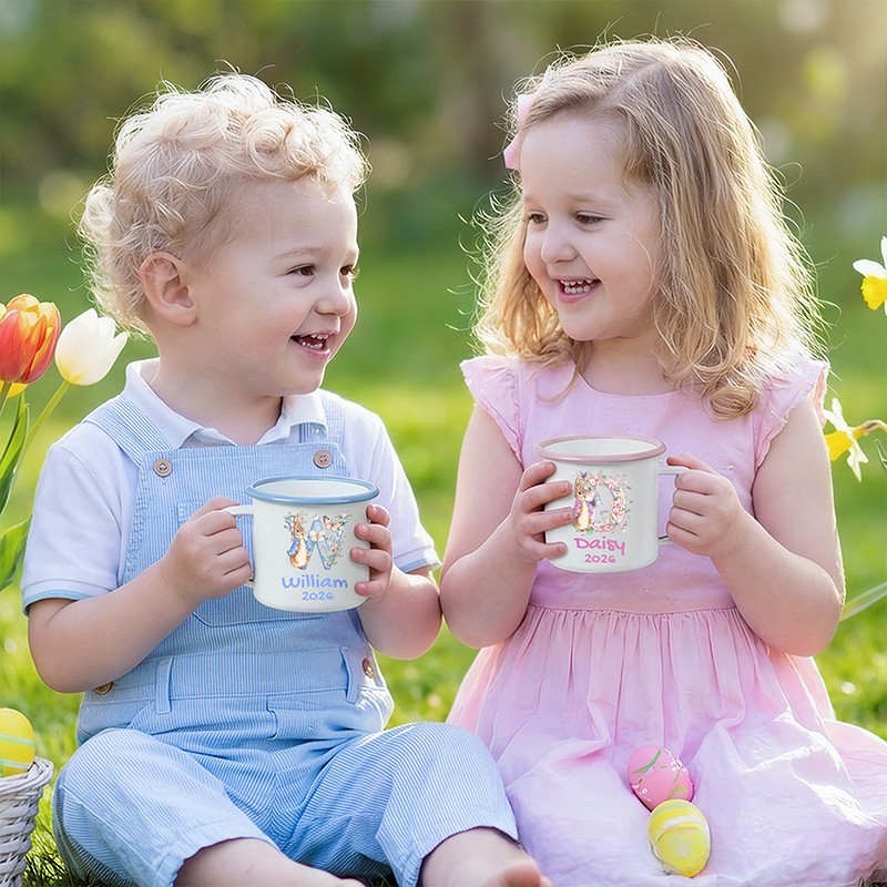 Personalized Name Rabbit Floral Alphabet Easter Enamel Mug 12oz Cup with Handle Tin Camping Mug Easter Party Favor Easter Gift for Kids