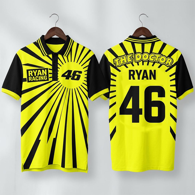 Personalized Yellow Black Radiant Sunburst Racing Polo Shirt Custom Team Name Rider Number Double Sided Motorbike Racing Pit Crew Performance Polo
