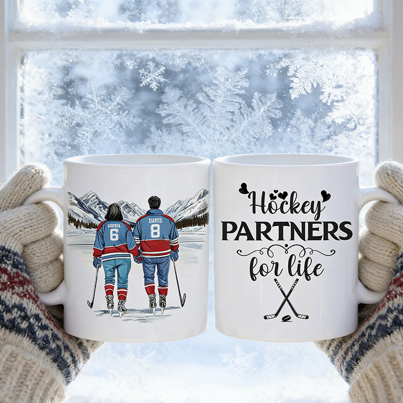 Personalized Couple’s Hockey Mug with Custom Names and Numbers for Hockey-Loving Couples