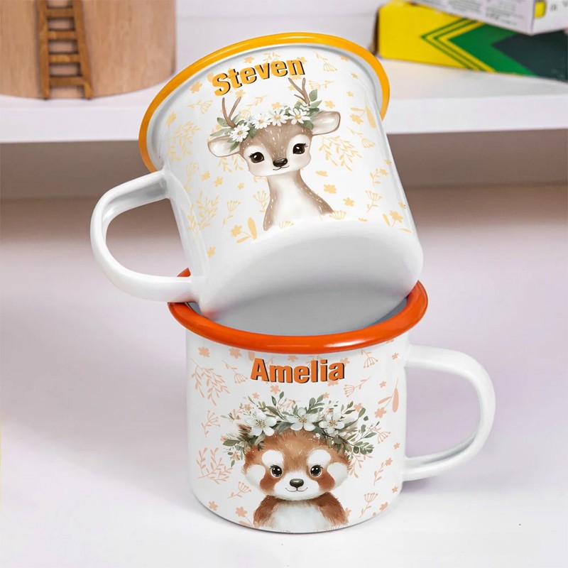 Personalized Cartoon Wreath Deer Bear Animals 12 oz Colored Rim Enamel Mug with Name Daily Use Christmas Birthday Gift for Boys and Girls
