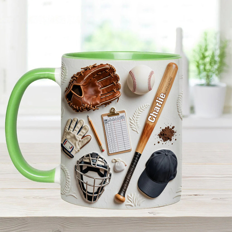 Personalized Baseball Mug with Custom Name and Sports Gear Artwork for Coaches and Baseball Fans