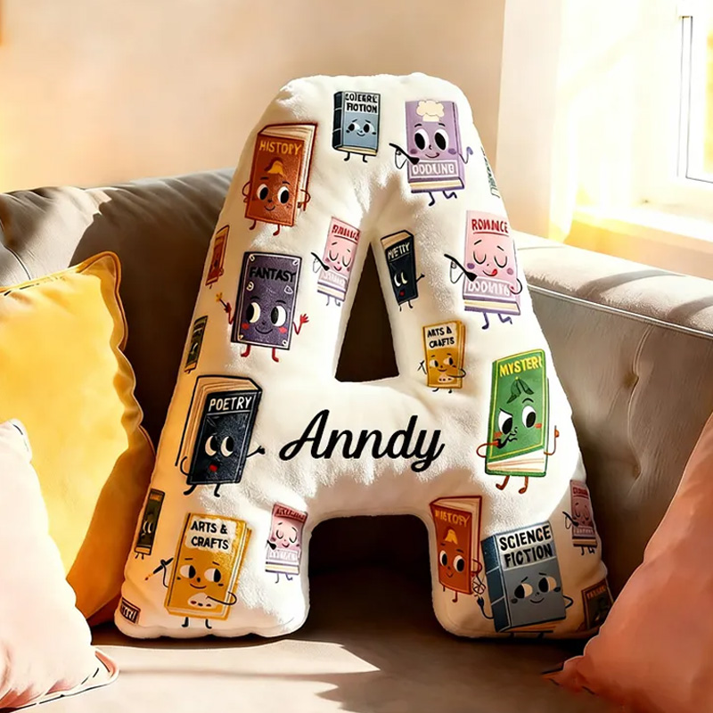 Personalized Book Genres Alphabet Throw Pillow Graphic 3D Cozy Bookish Pillow with Name for Kids Bookworm Librarian Christmas Throw Pillow Bookish Gift