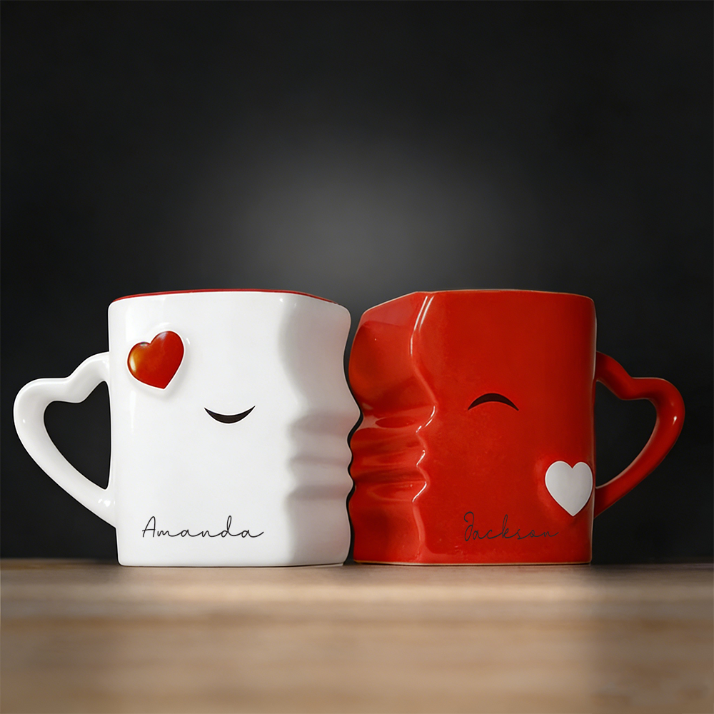 Personalized Kissing Couple Mugs Set Custom Name Heart Handle Ceramic Cups Ideal For Valentines Day Wedding And Anniversary Gifts