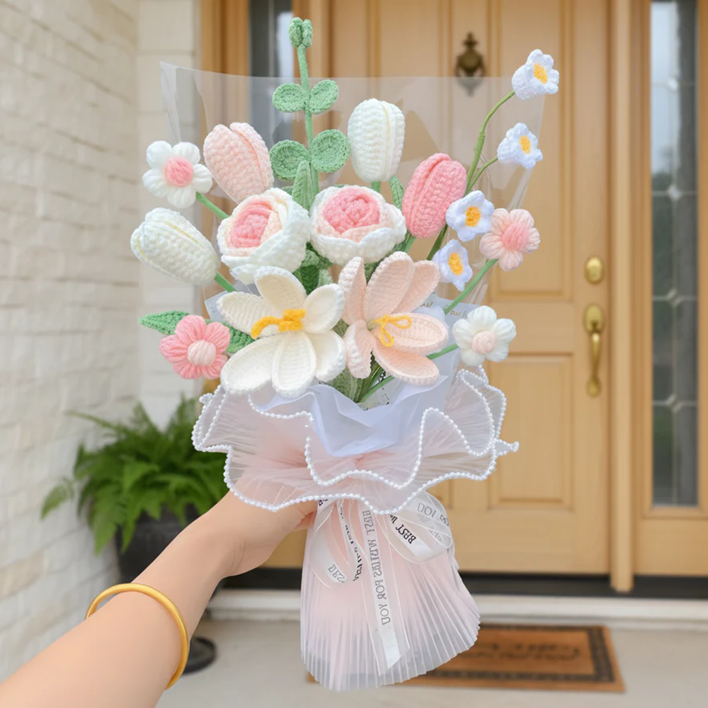 Handmade Crochet Flower Bouquet Customizable Artificial Floral Arrangement Ideal For Weddings Thank You Gifts And Valentine’s Day