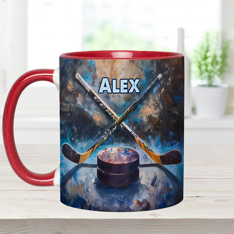 Personalized Ice Hockey Mug with Artistic Stick and Puck Design for Ice Hockey Enthusiasts
