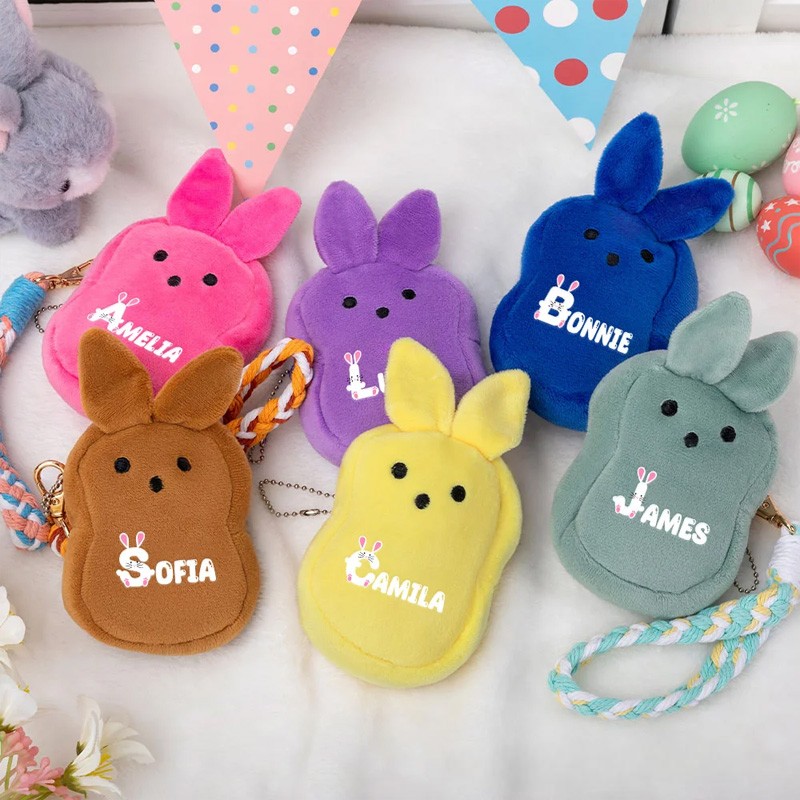 Personalized Cute Bunny Plush Coin Purse Wallet with Name and Wrist Strap Easter Basket Filler Happy Easter Gift for Kids
