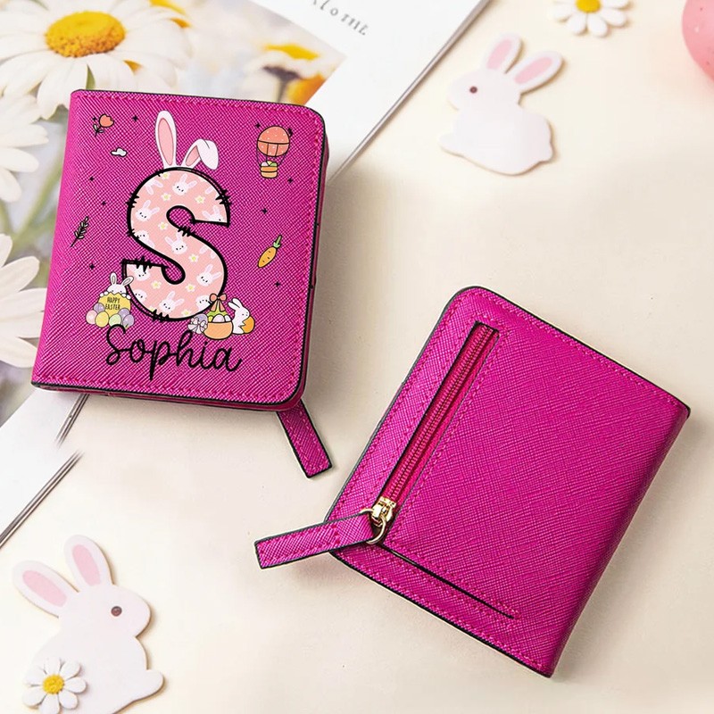 Personalized Easter Bunny Ears Initial PU Leather Wallet with Name Easter Gift for Girls
