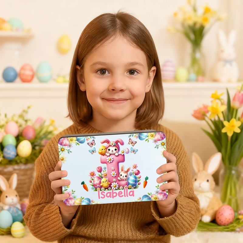 Personalized Cute Cartoon Bunny Easter Eggs Food Grade Metal Biscuit Tin Storage Box with Name Easter Gift for Family Kids