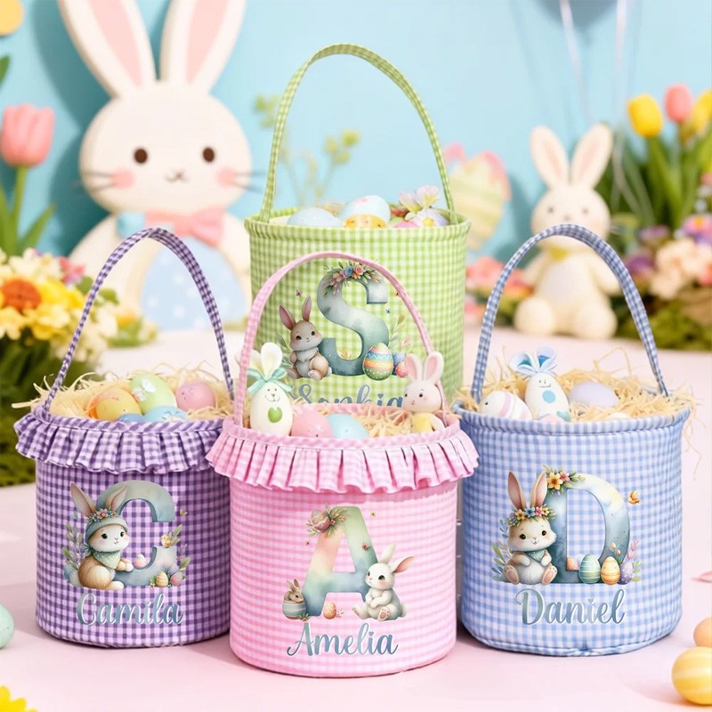 Personalized Cute Bunny Gradient Color Initial Plaid Easter Basket with Name and Ruffles Eggs Hunting Party Easter Gift for Kids