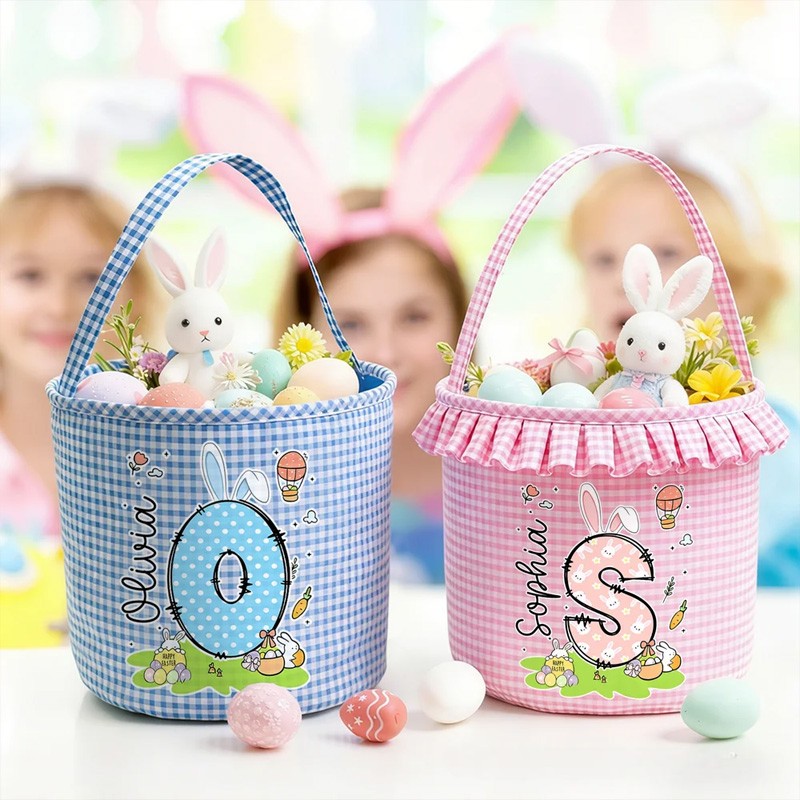 Personalized Cute Bunny Initial Flower Plaid Easter Basket with Name Easter Egg Hunt Easter Gift for Boys Girls