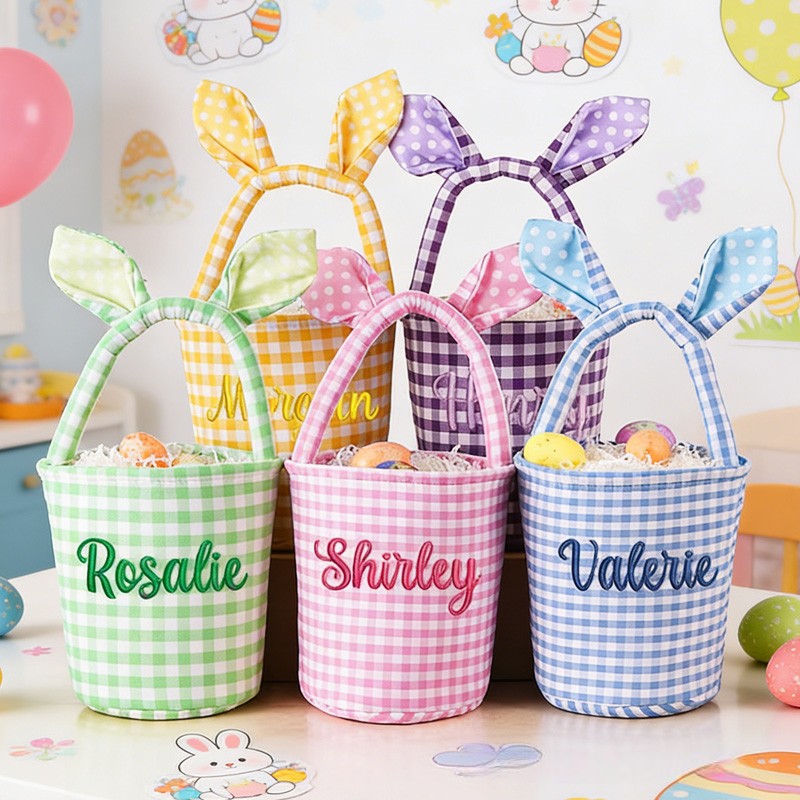 Personalized Unique Custom Name Gingham Bunny Ear Design Holiday Treat Holder Easter Basket