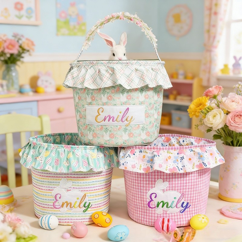 Personalized Unique Custom Name Adorable Rabbit Surrounded by Flowers Kids Holiday Treat Holder Easter Basket