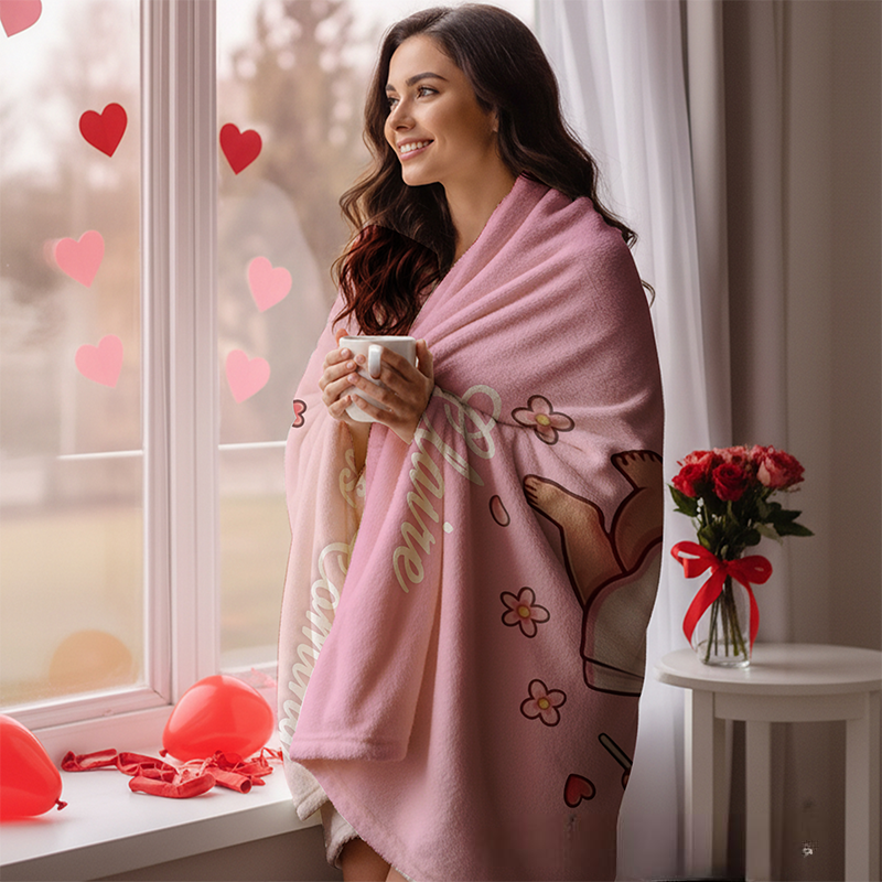 Personalized Name Valentine's Angel Pink Blanket Flannel Sherpa Throw for Bed Couch Home Decor Anniversary Valentine's Day Gift for Couples