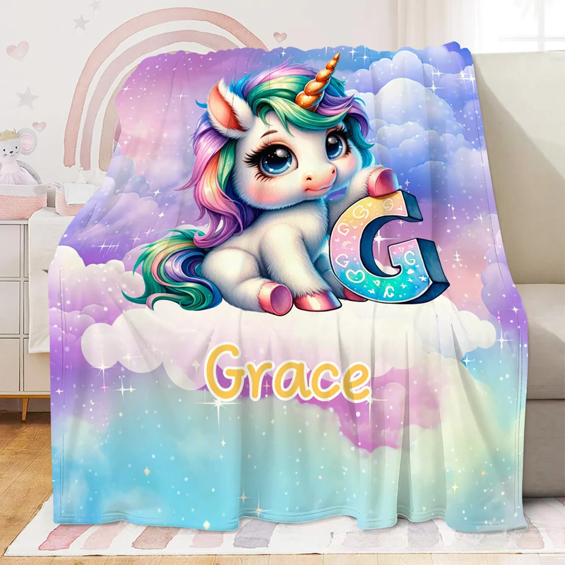 Personalized Gradient Dreamy Dream Horse Initial Design Soft Throw Blanket with Name Room Decor Christmas Gift for Women Girls