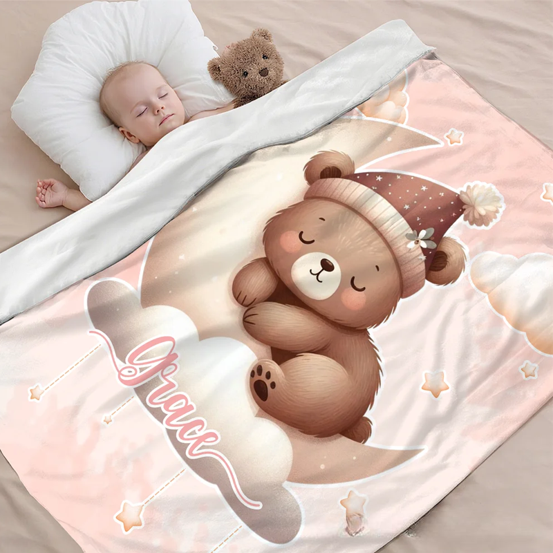Personalized Moon Cloud Star Cute Cartoon Sleeping Animal Soft Throw Blanket with Name Home Decor Birthday Christmas Gift for Kids