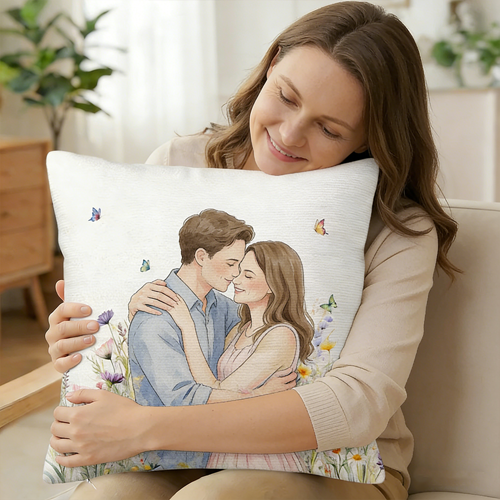Personalized Photo Cartoon Couple Pillow Personalized Floral Illustration Throw Pillow Ideal For Valentines Day And Anniversary Gifts