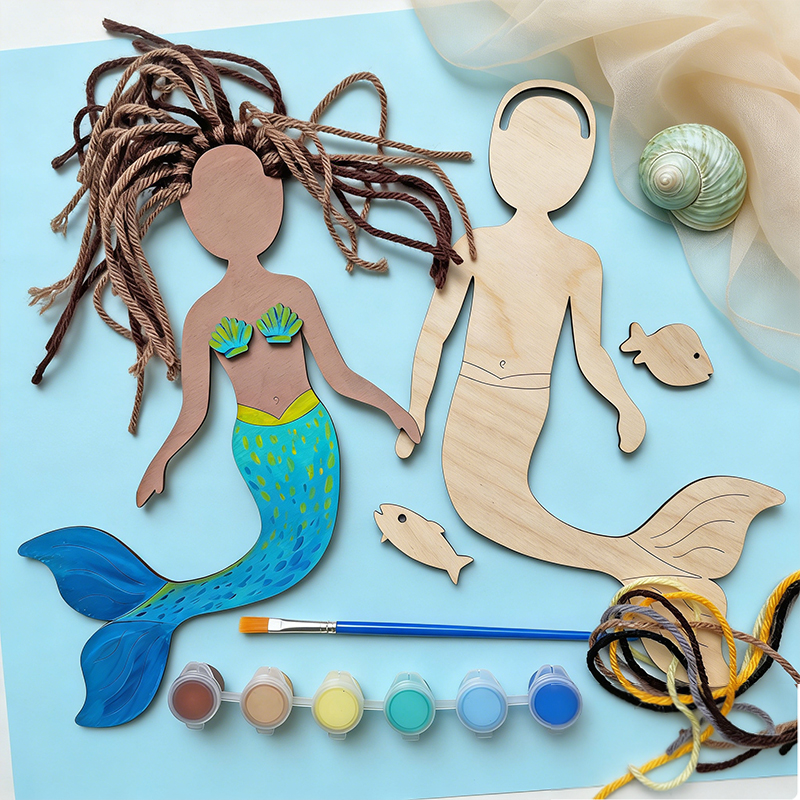 Personalized DIY Mermaid Self-portrait Craft Kit for Kids Wooden Painting and Yarn Hair Design with Custom Name