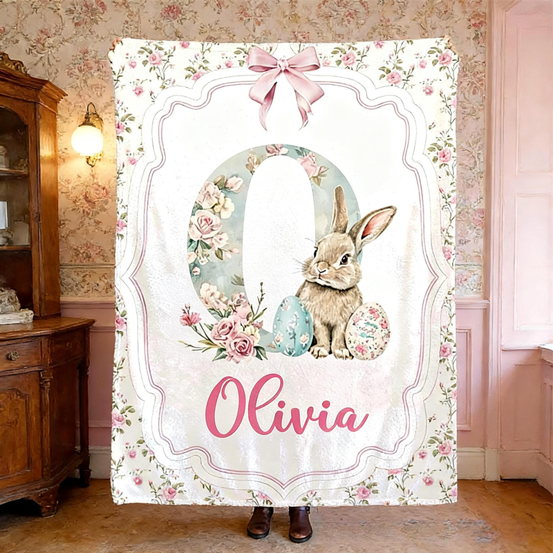 Personalized Retro Pink Bunny with Name Blanket Home Decor Birthday Gift for Kids Easter Gifts