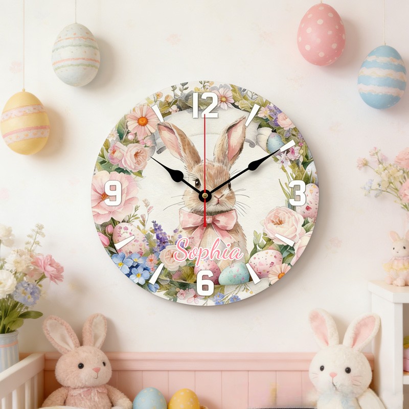 Personalized Unique Custom Name Adorable Rabbit Surrounded by Flowers Nursery 3D Printed Wall Clock