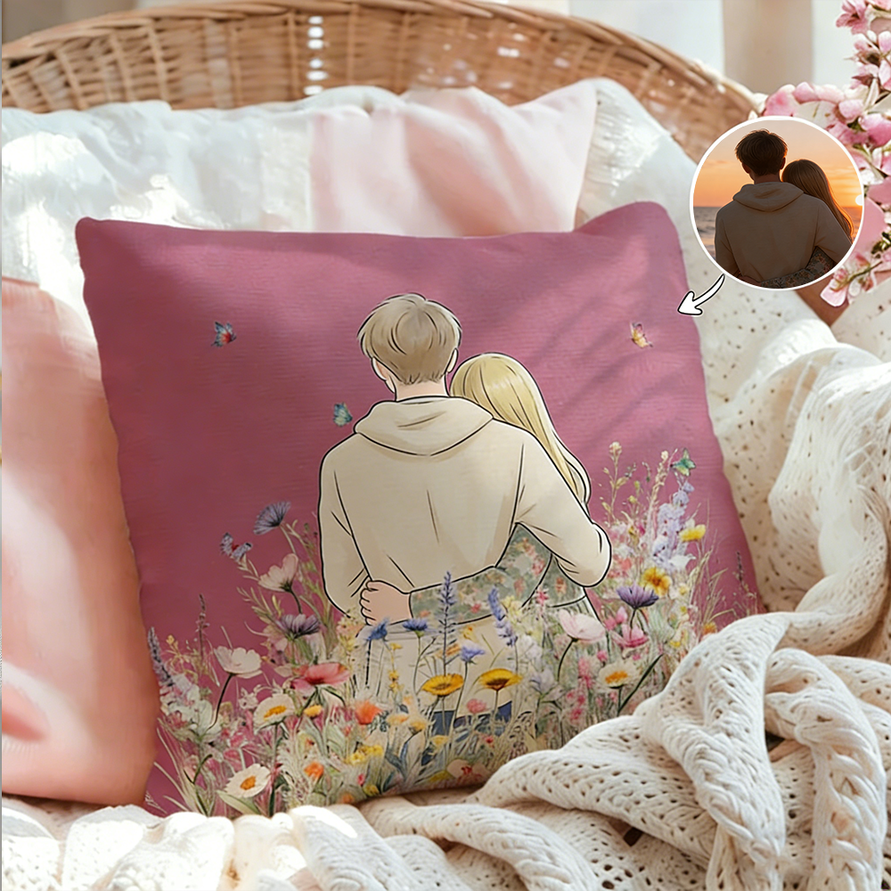 Personalized Photo Cartoon Couple Pillow Personalized Floral Illustration Throw Pillow Ideal For Valentines Day And Anniversary Gifts