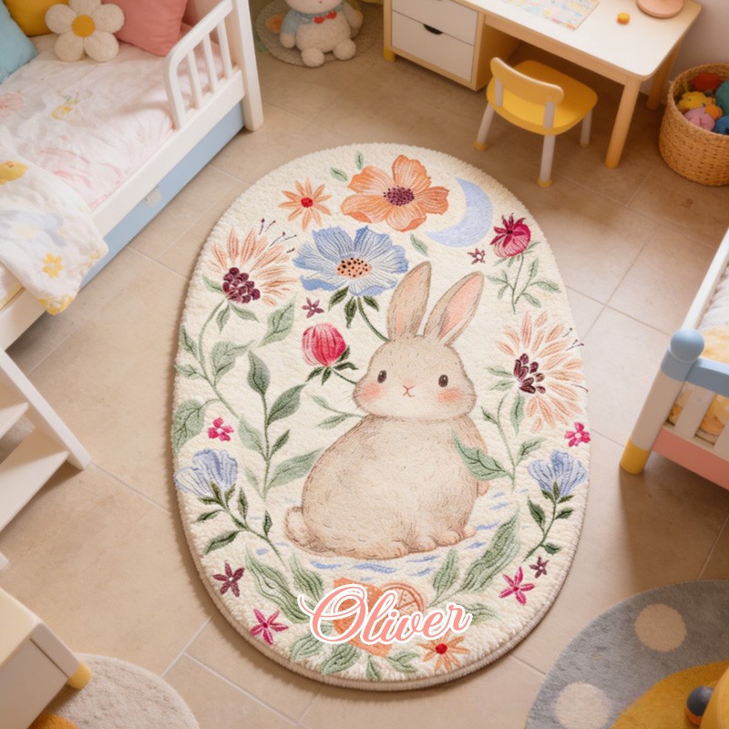 Personalized Unique Custom Name Adorable Rabbit Surrounded by Flowers Bedroom Carpet Rug for Kids
